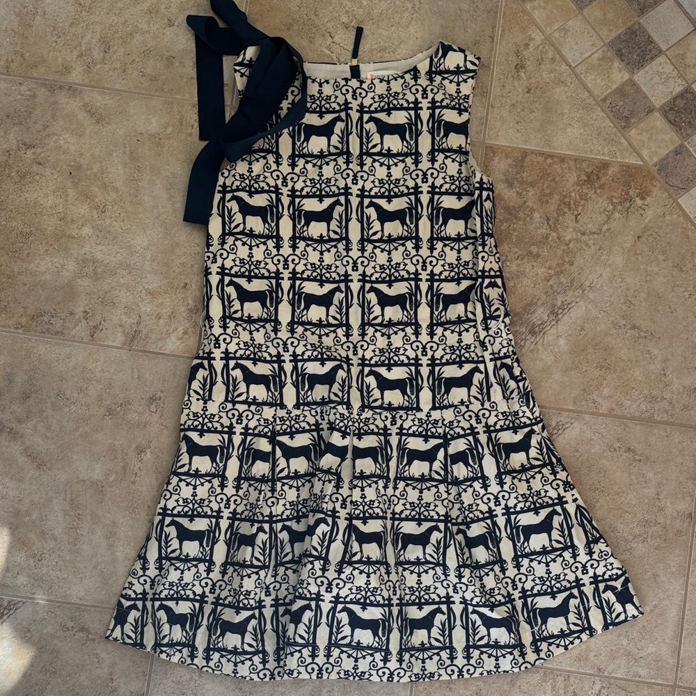 Crewcuts Navy and Cream Girls Casual Horse Print Dress. Sz 10